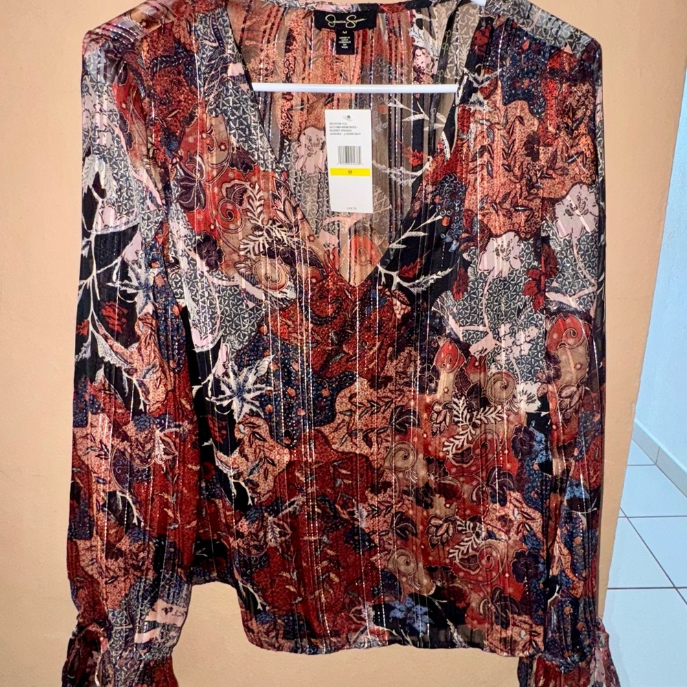 Jessica Simpson Red and Orange Blouse with Long Sleeves and V-Neck